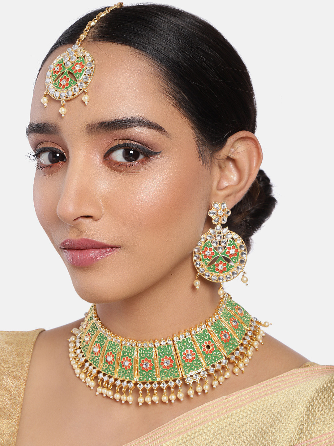 

Peora Gold-Plated Green Meenakari Handcrafted Enamelled Jewellery Set