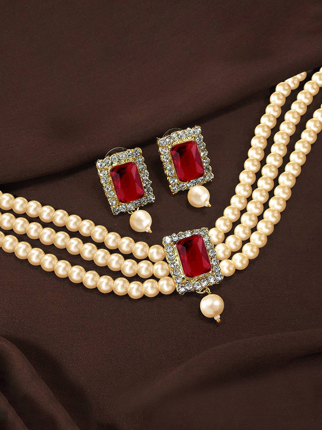 

Peora Champagne Gold-Plated Traditional Faux Pearls Necklace & Earrings Jewellery Set