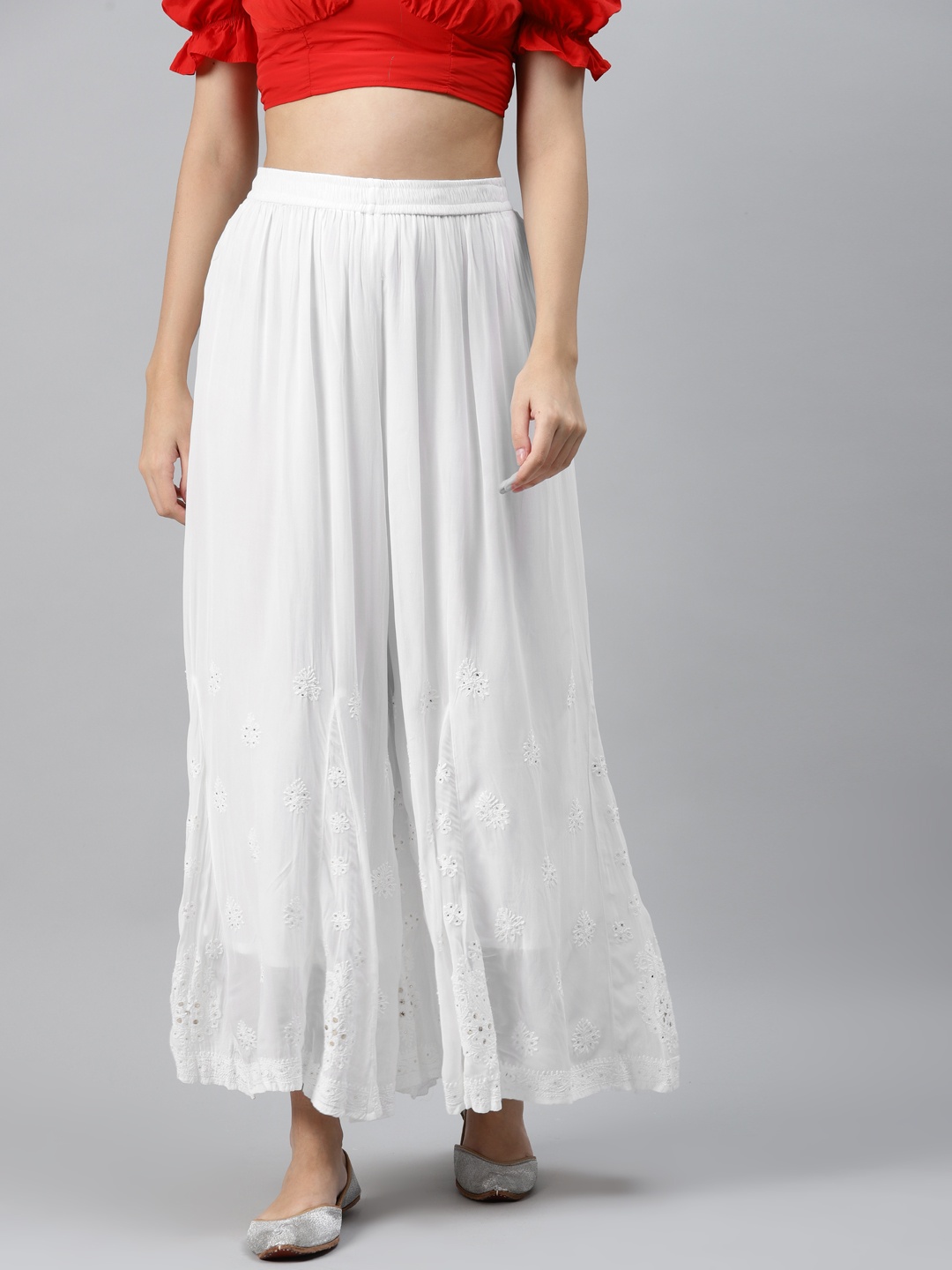 

ADA Women White Ethnic Motifs Hand Embroidered Georgette Ethnic Palazzos