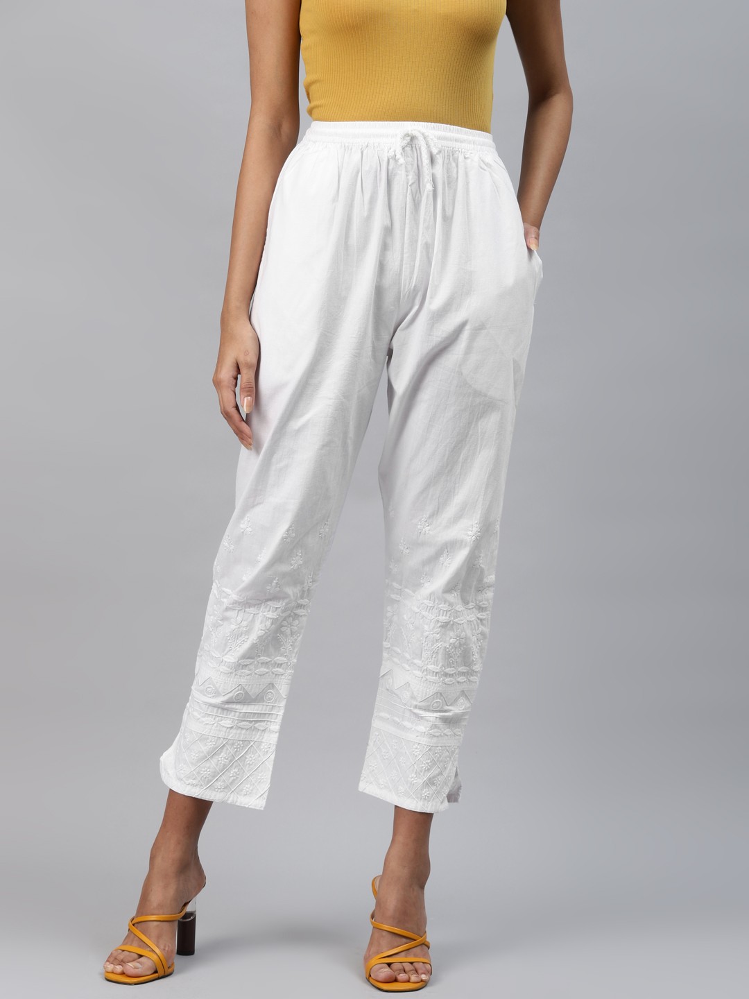 

ADA Women White Ethnic Motifs Hand Embroidered Handloom Cropped Ethnic Palazzos