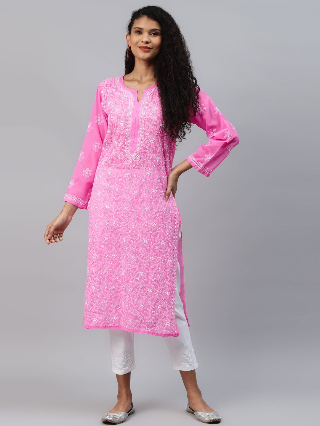 

ADA Women Pink & White Ethnic Motifs Embroidered Chikankari Handloom Kurta with Trousers