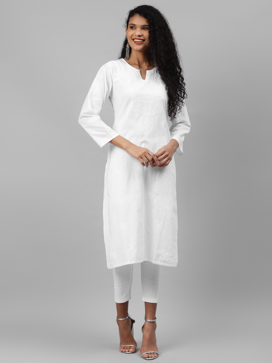 

ADA Women White Ethnic Motifs Embroidered Chikankari Handloom Kurta with Trousers
