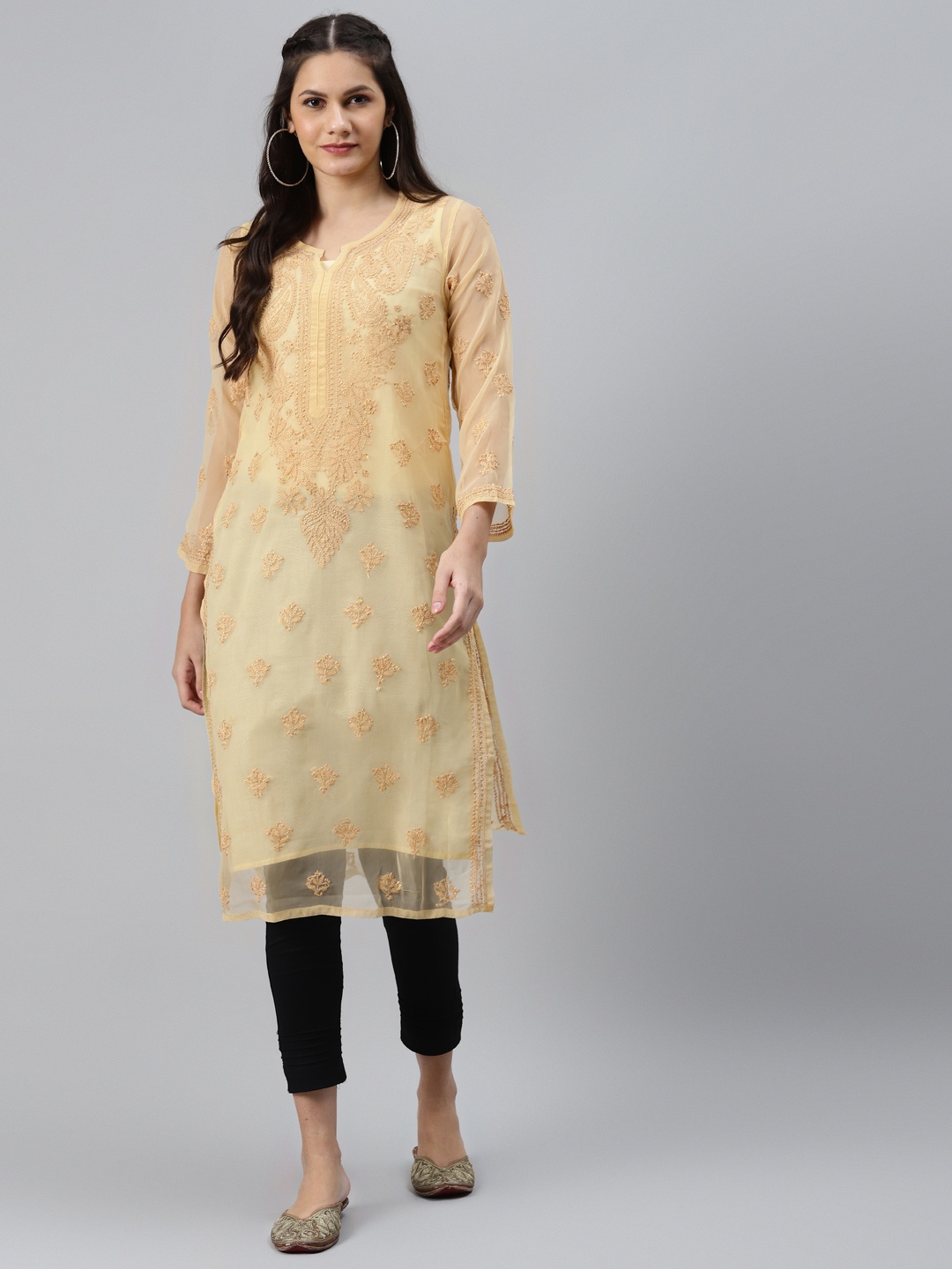 

ADA Women Beige & Black Ethnic Motifs Embroidered Chikankari Handloom Kurta with Trousers & Inner