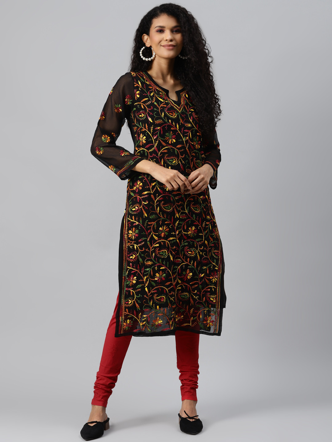 

ADA Women Sustainable Black Ethnic Motifs Embroidered Chikankari Handloom Kurta with Churidar