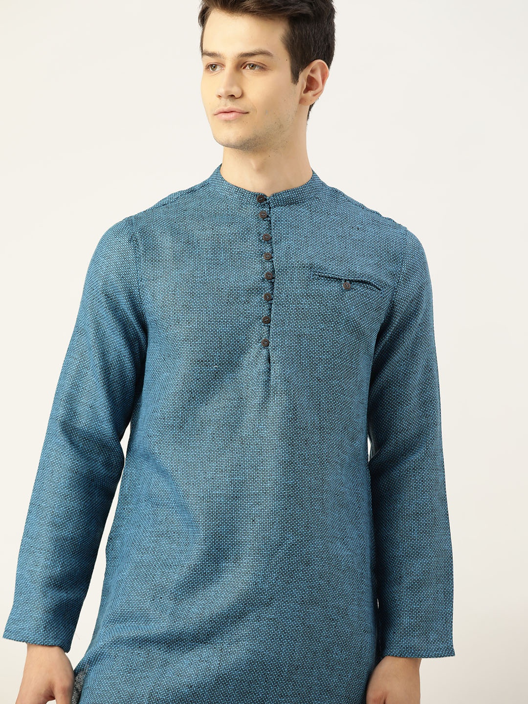 

House of Pataudi Men Blue & Black Solid Straight Kurta
