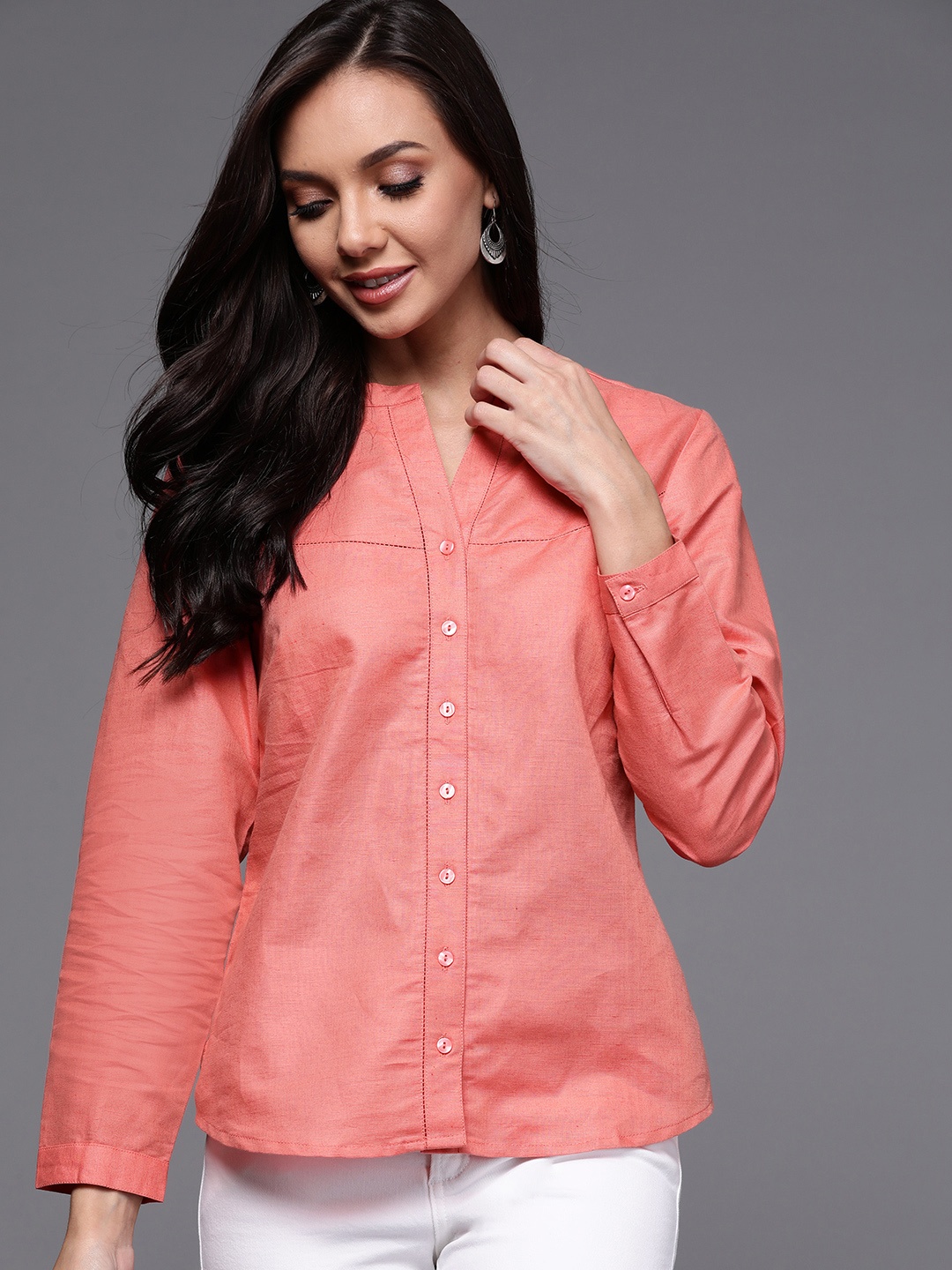 

Fabindia Women Peach-Coloured Linen Cotton Solid Casual Shirt