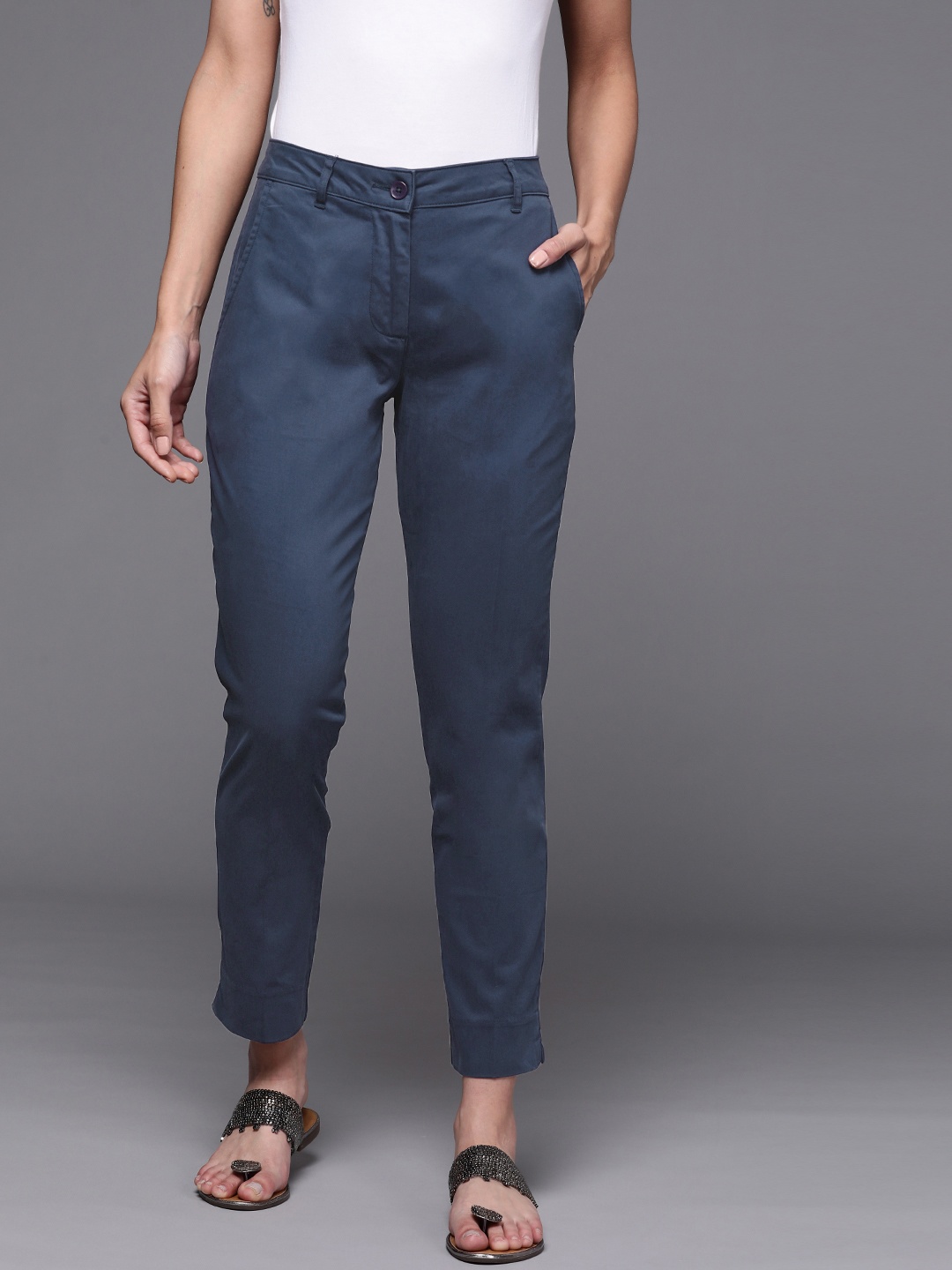 

Fabindia Women Navy Blue Solid Regular Trousers