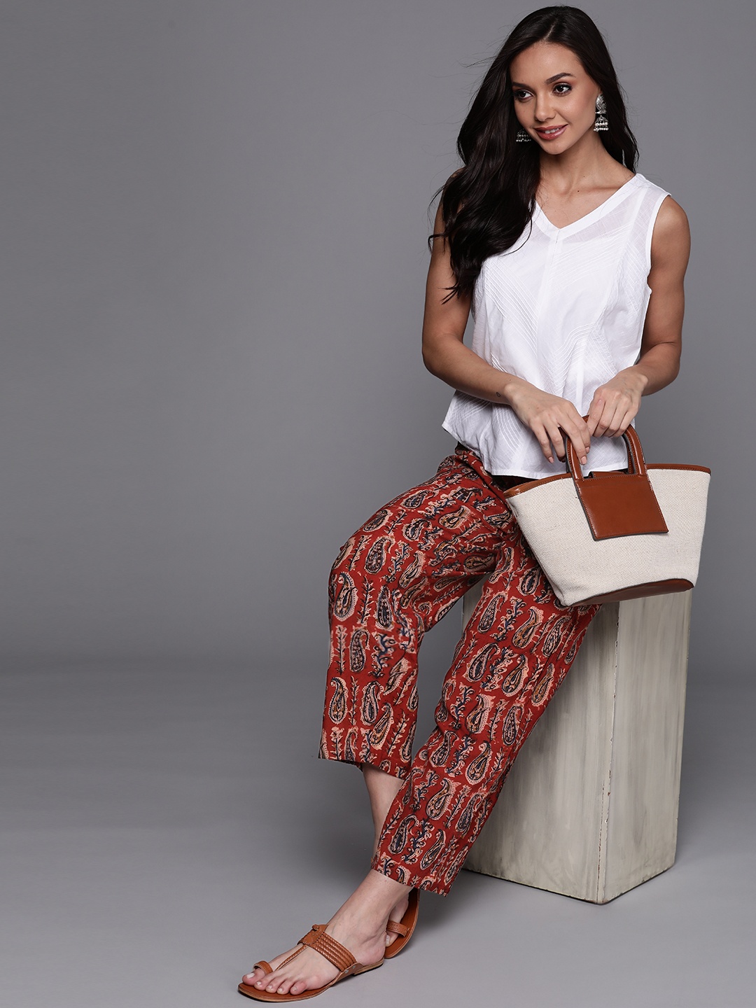 

Fabindia Women Maroon & Navy Blue Kalamkari Printed Trousers