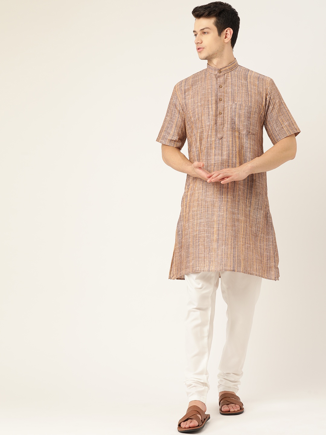 

RAJUBHAI HARGOVINDAS Men Brown & White Pure Cotton Kurta with Pyjamas
