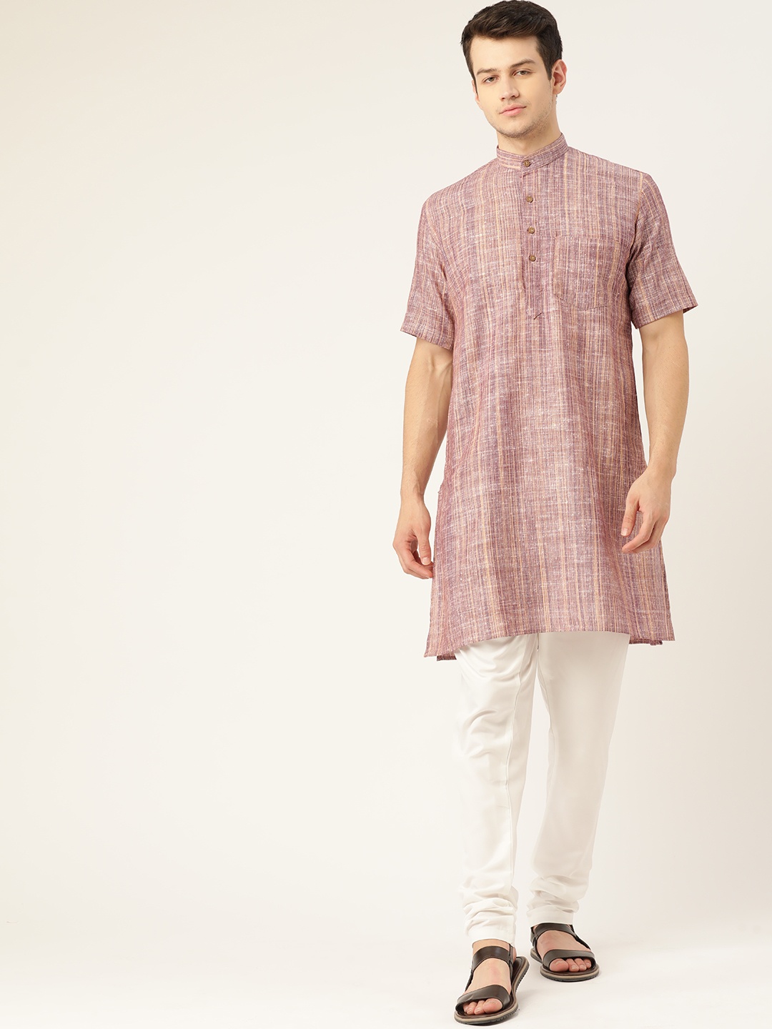 

RAJUBHAI HARGOVINDAS Men Purple & White Pure Cotton Kurta with Pyjamas