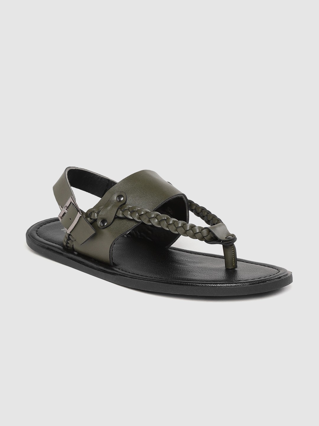 

Roadster Men Olive Green Solid Comfort Sandals with Braided Detail