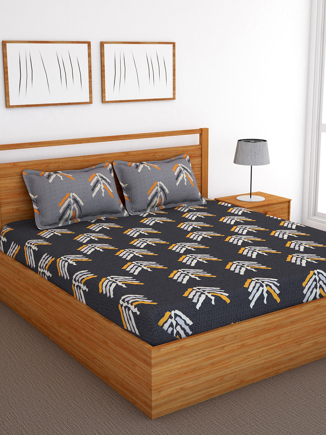 

Bedspun Grey & Yellow Abstract 120 TC Cotton 1 Queen Bedsheet with 2 Pillow Covers