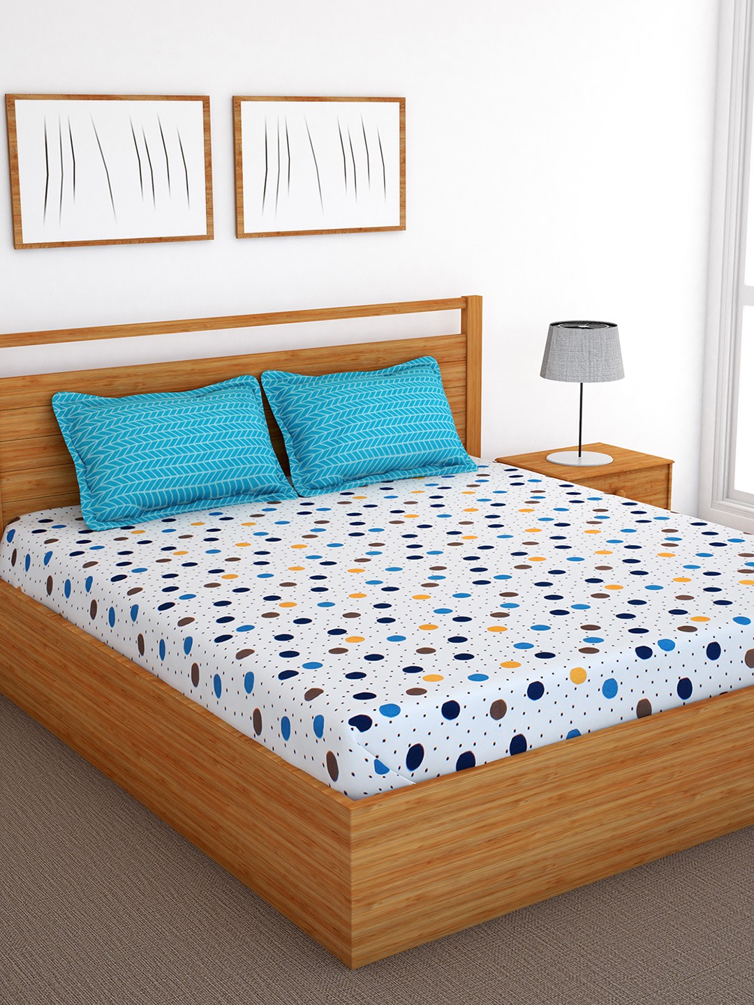 

Bedspun White & Blue Geometric 120 TC Cotton 1 Queen Bedsheet with 2 Pillow Covers