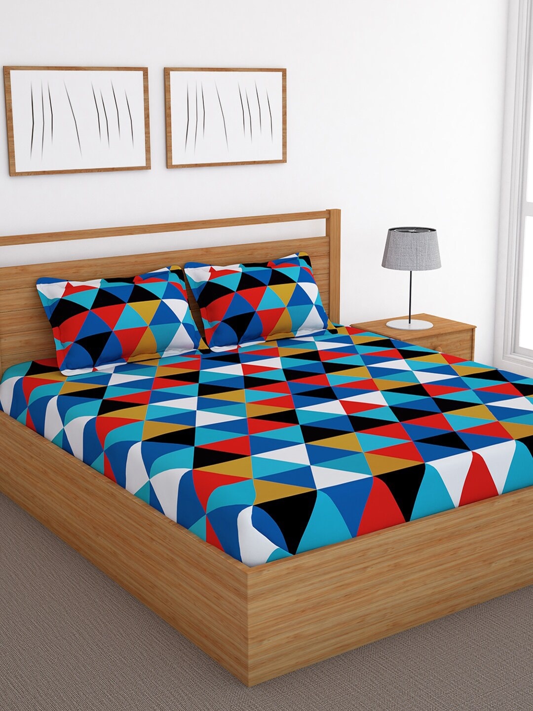 

Bedspun Blue & Red Geometric 120 TC Cotton 1 Queen Bedsheet with 2 Pillow Covers