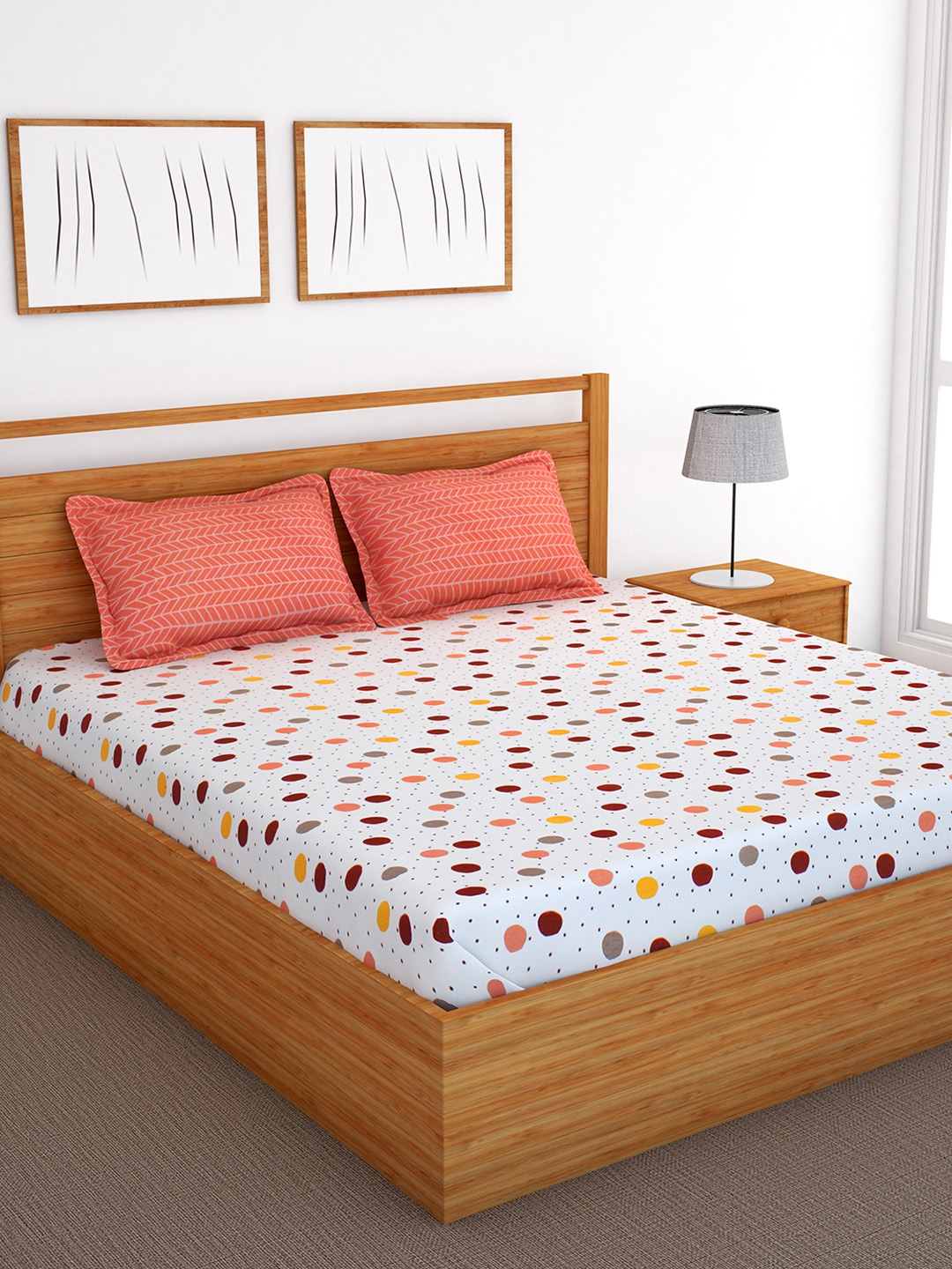 

Bedspun White & Orange Geometric 120 TC Cotton 1 Queen Bedsheet with 2 Pillow Covers