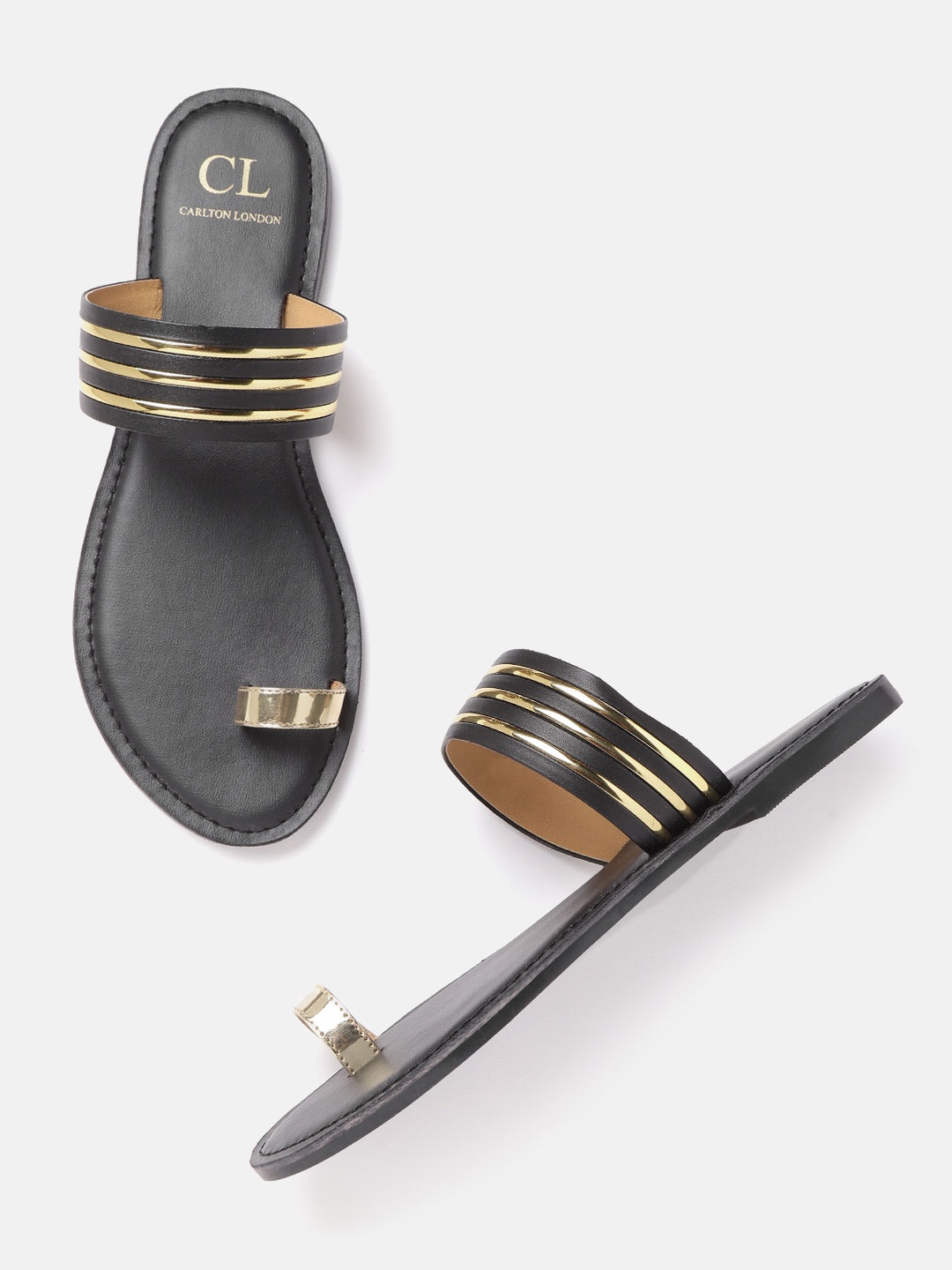 

Carlton London Women Black & Gold-Toned Striped One Toe Flats