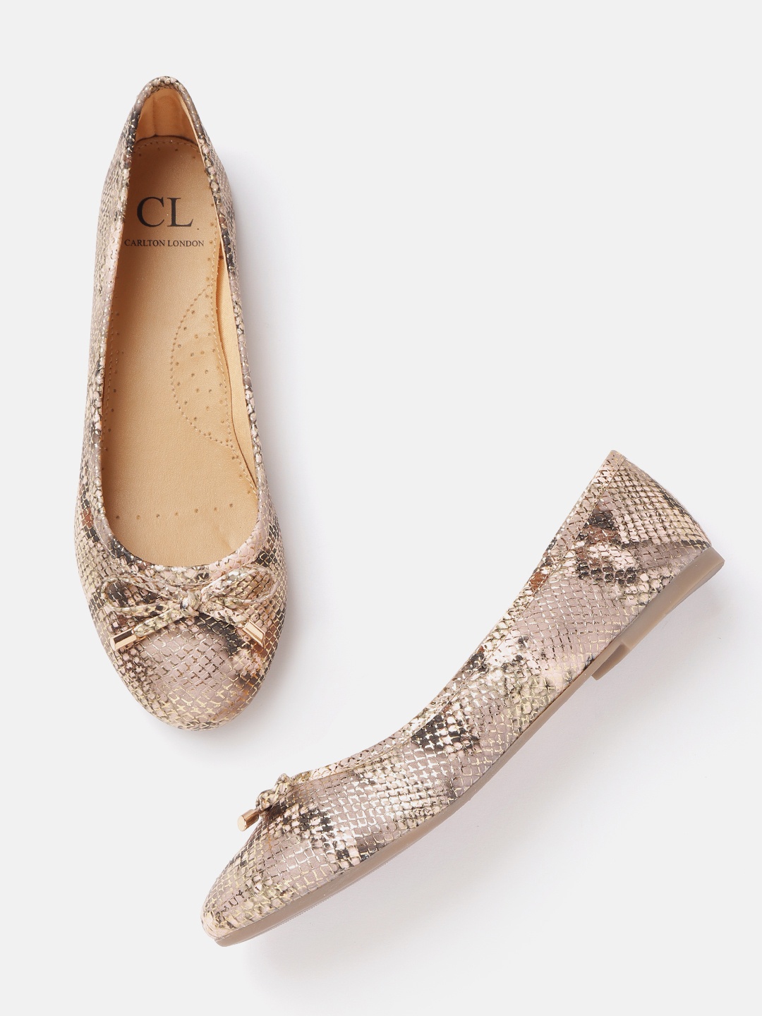 

Carlton London Women Pink & Gold-Toned Snakeskin Textured Ballerinas with Bows Detail