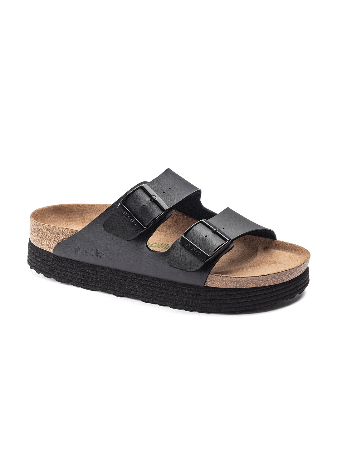 

Birkenstock Arizona Platform Vegan Black Narrow Width Birko-Flor Two-Strap Sandals