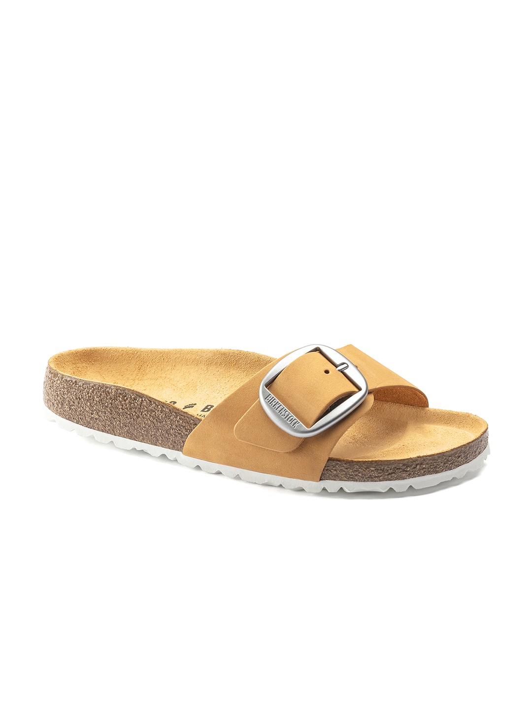 

Birkenstock Women Narrow Width Orange Madrid Big Buckle Nubuck Leather Open Toe Flats