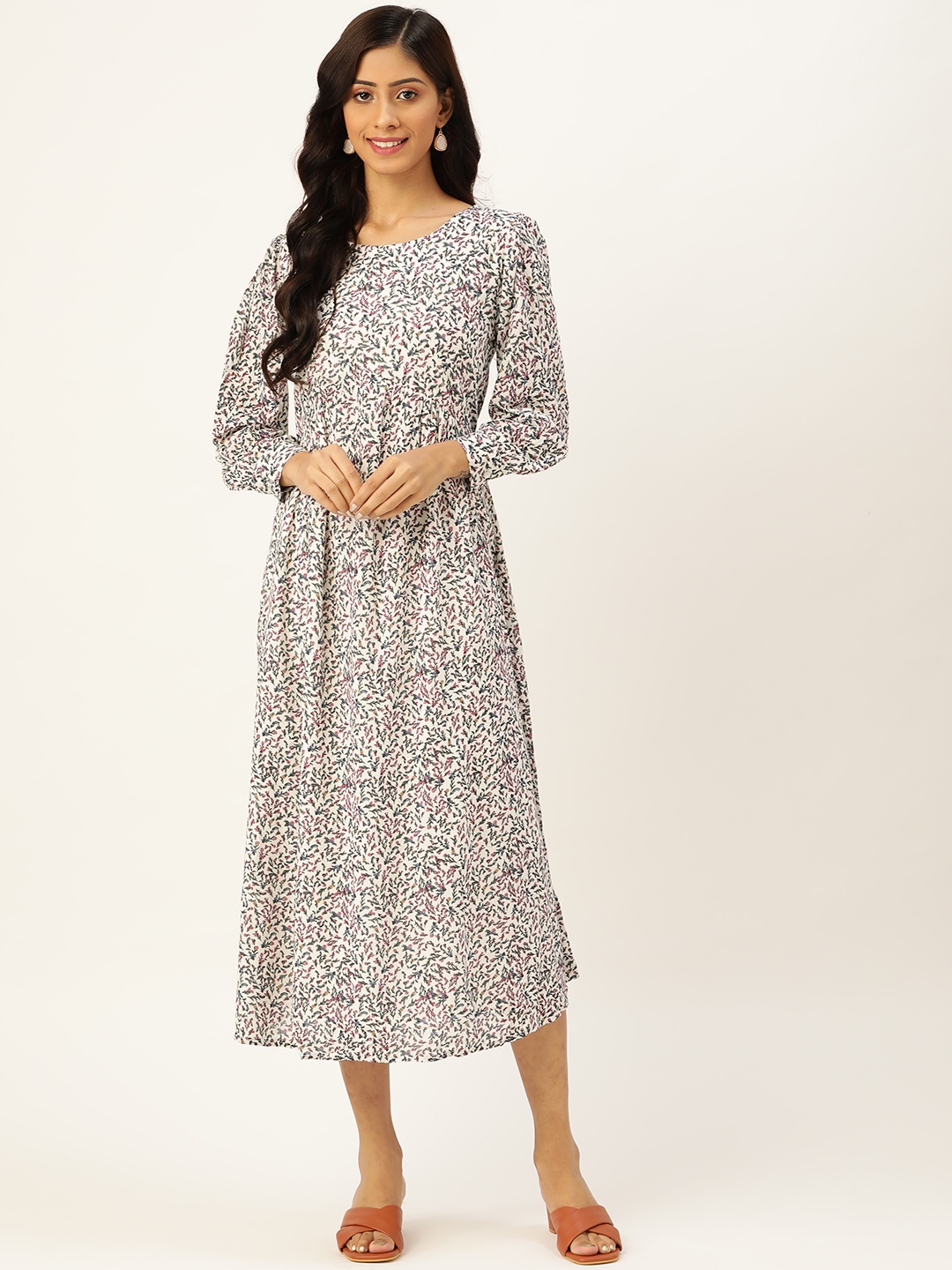 

Vaak White & Green Floral Print A-Line Midi Dress