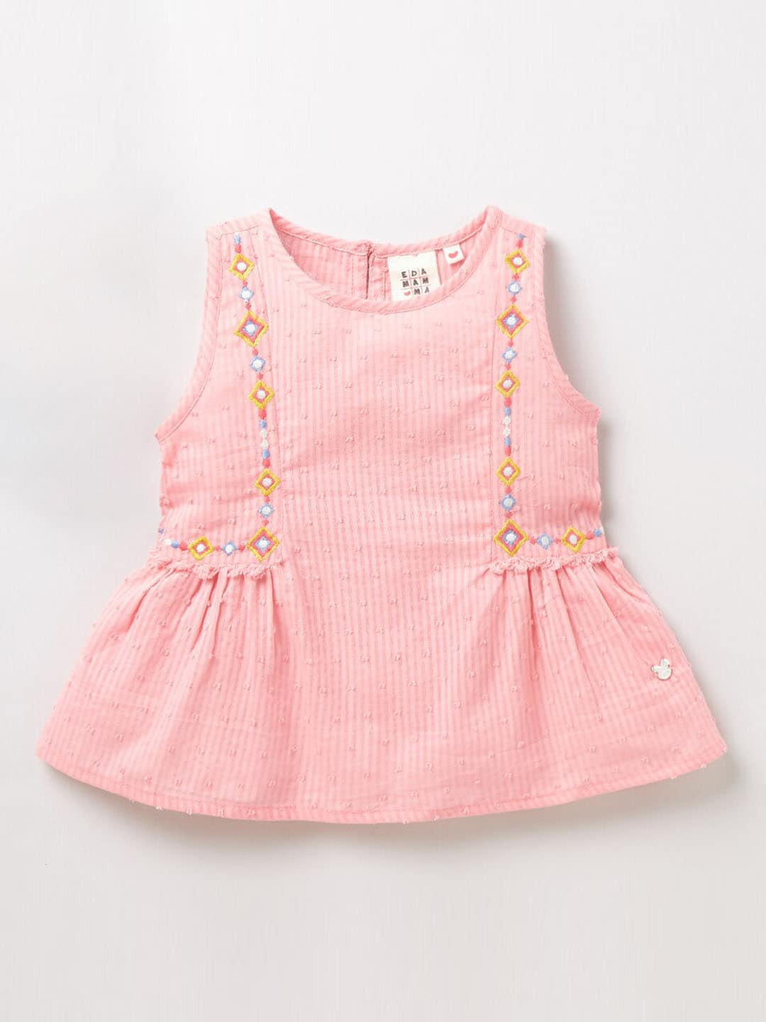 

Ed-a-Mamma Peach Geometric Embroidered Cotton Peplum Sustainable Top