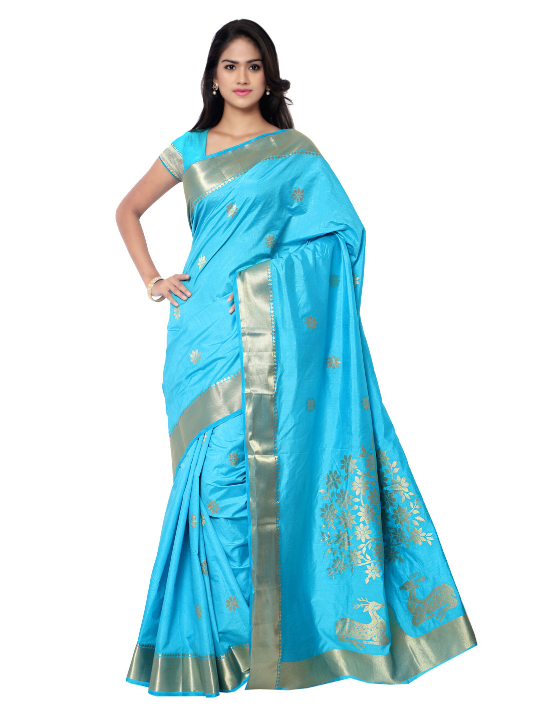 

Varkala Silk Sarees Turquoise Blue Kanjeevaram Art Silk Traditional Saree