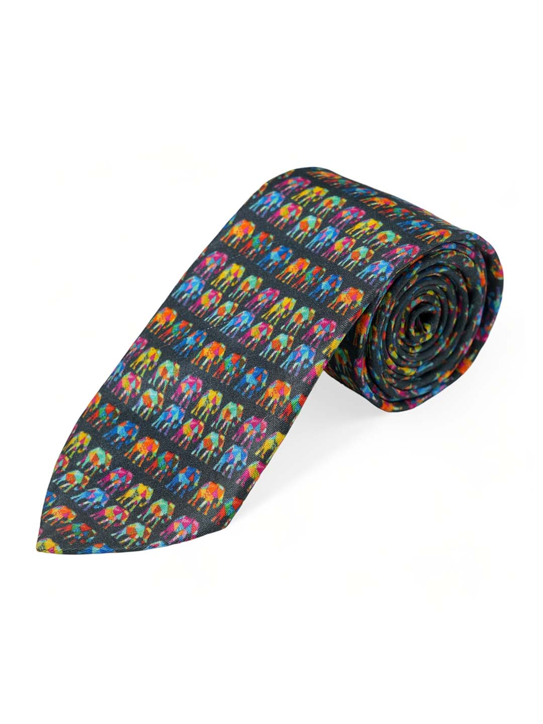 

CHOKORE Men Black & Green Elephants Printed Silk Broad Tie