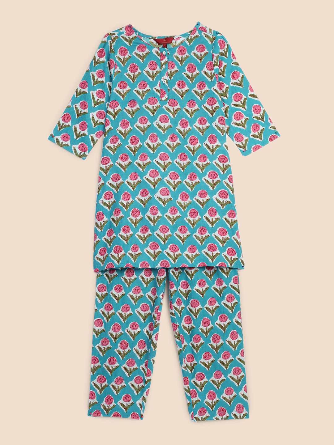 

House of Pataudi Girls Turquoise Blue Floral Printed Pure Cotton Kurta with Pyjama