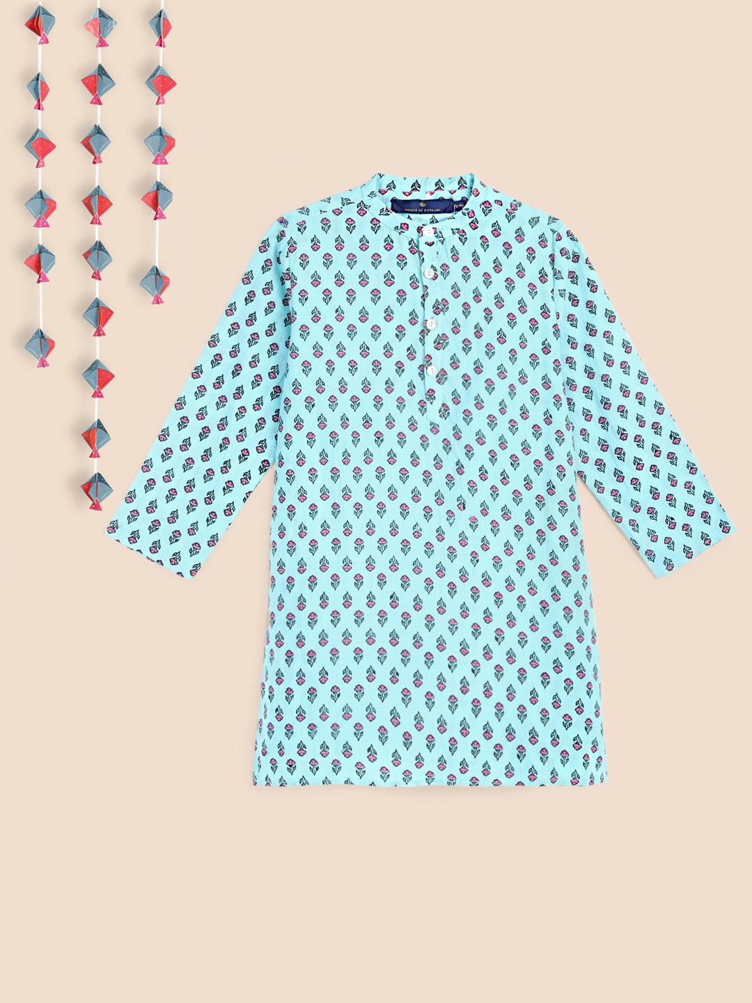 

House of Pataudi Boys Blue Block Print Pure Cotton Floral Kurta