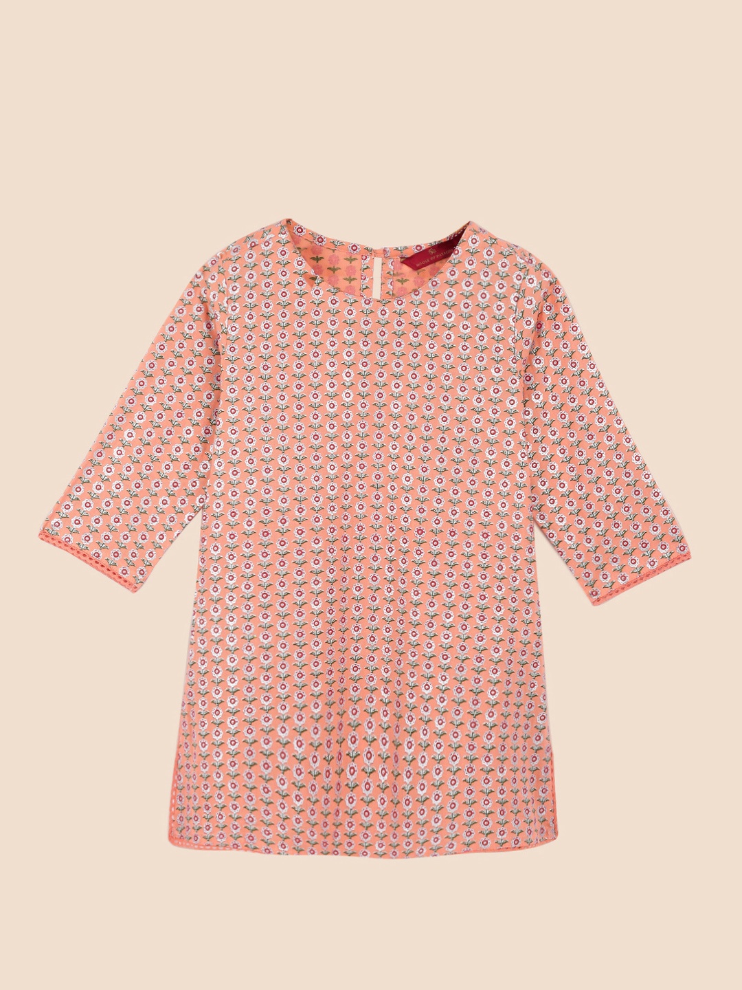 

House of Pataudi Girls Peach-Coloured Pure Cotton Floral Embroidered Floral Kurta