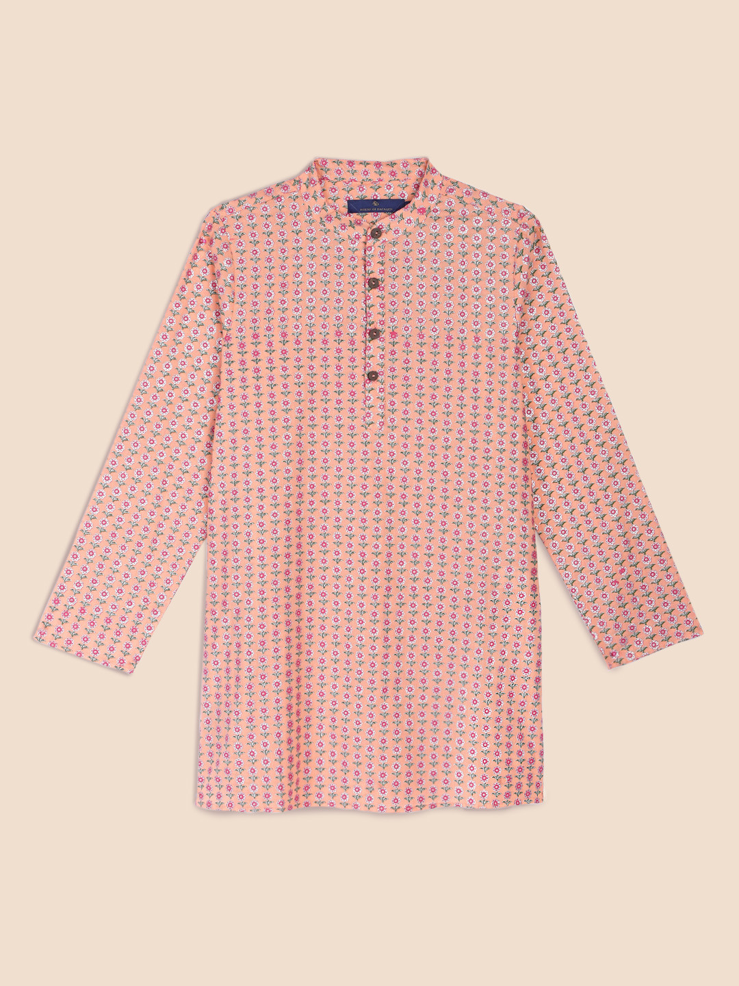 

House of Pataudi Boys Peach-Coloured Floral Printed Pure Cotton Kurta