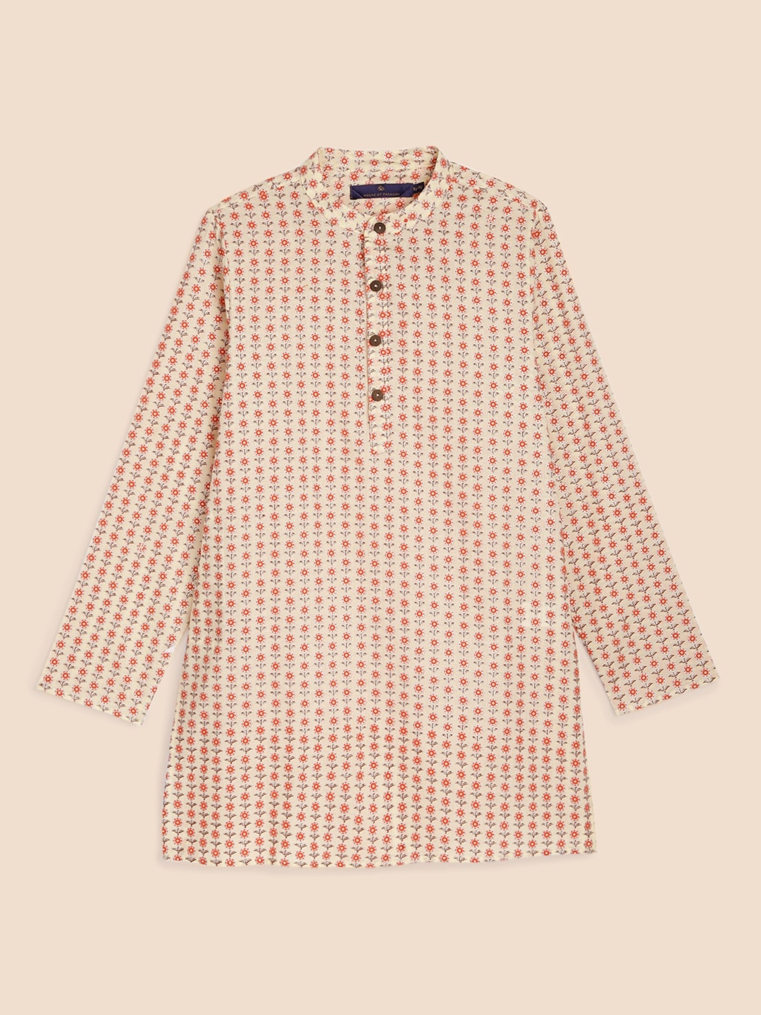 

House of Pataudi Boys Cream-Coloured Floral Printed Pure Cotton Rozana Kurta