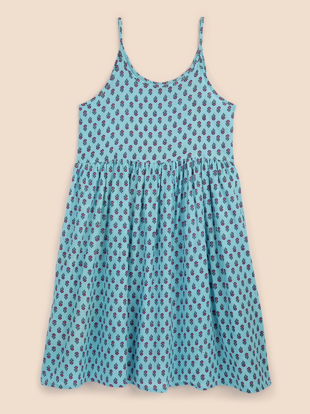 House of Pataudi Blue Floral Pure Cotton A-Line Dress
