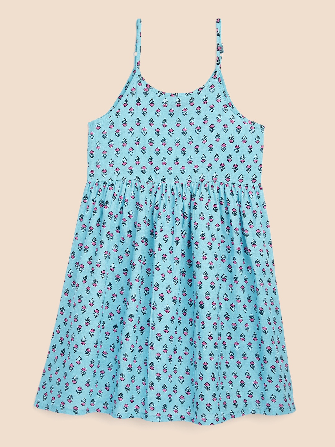 

House of Pataudi Girls Blue Floral Print Pure Cotton Rozana Fit & Flare Dress