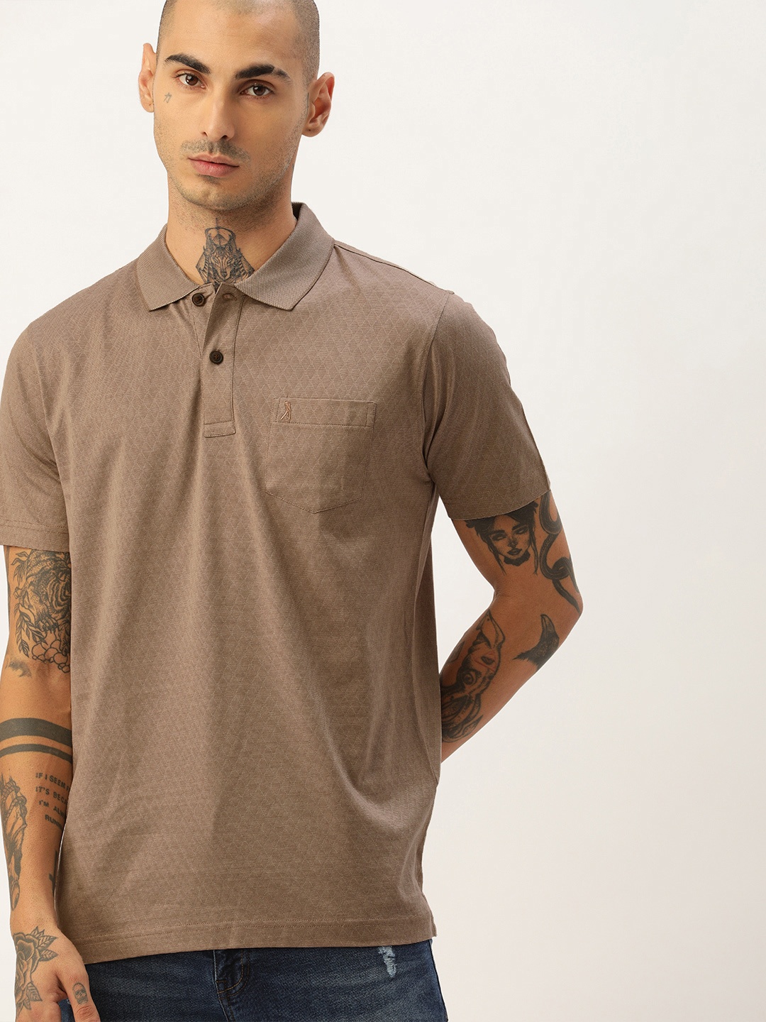 

Burnt Umber Men Beige Polo Collar Pure Cotton T-shirt with Pocket