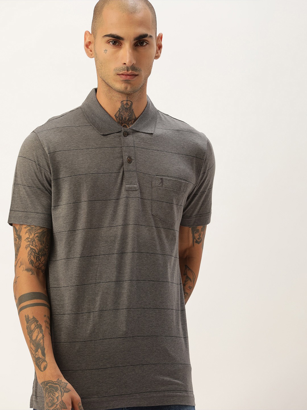 

Burnt Umber Men Grey Black Striped Polo Collar Pure Cotton T-shirt