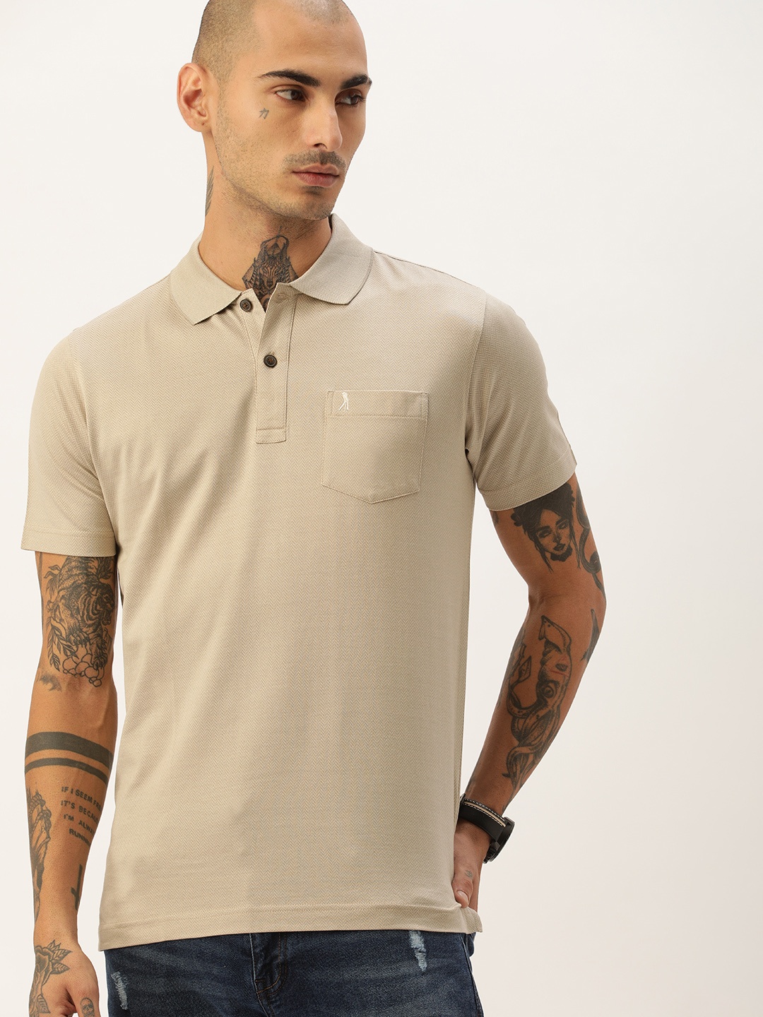 

Burnt Umber Men Beige Polo Collar Pure Cotton T-shirt