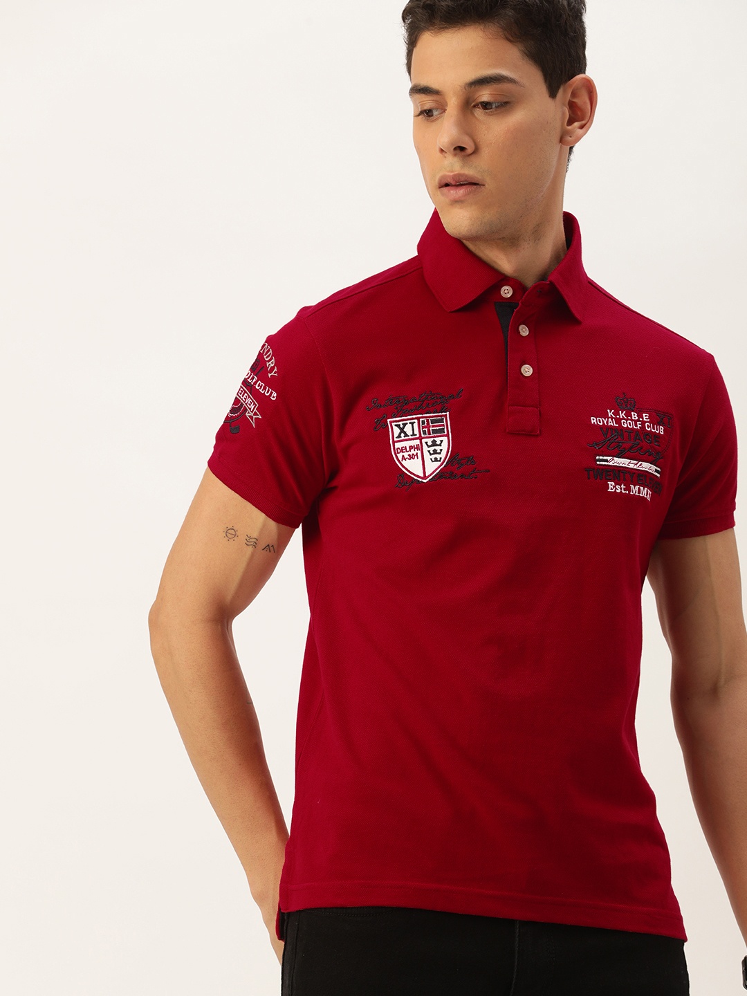 

Burnt Umber Men Red Polo Collar Pure Cotton T-shirt with Embroidery