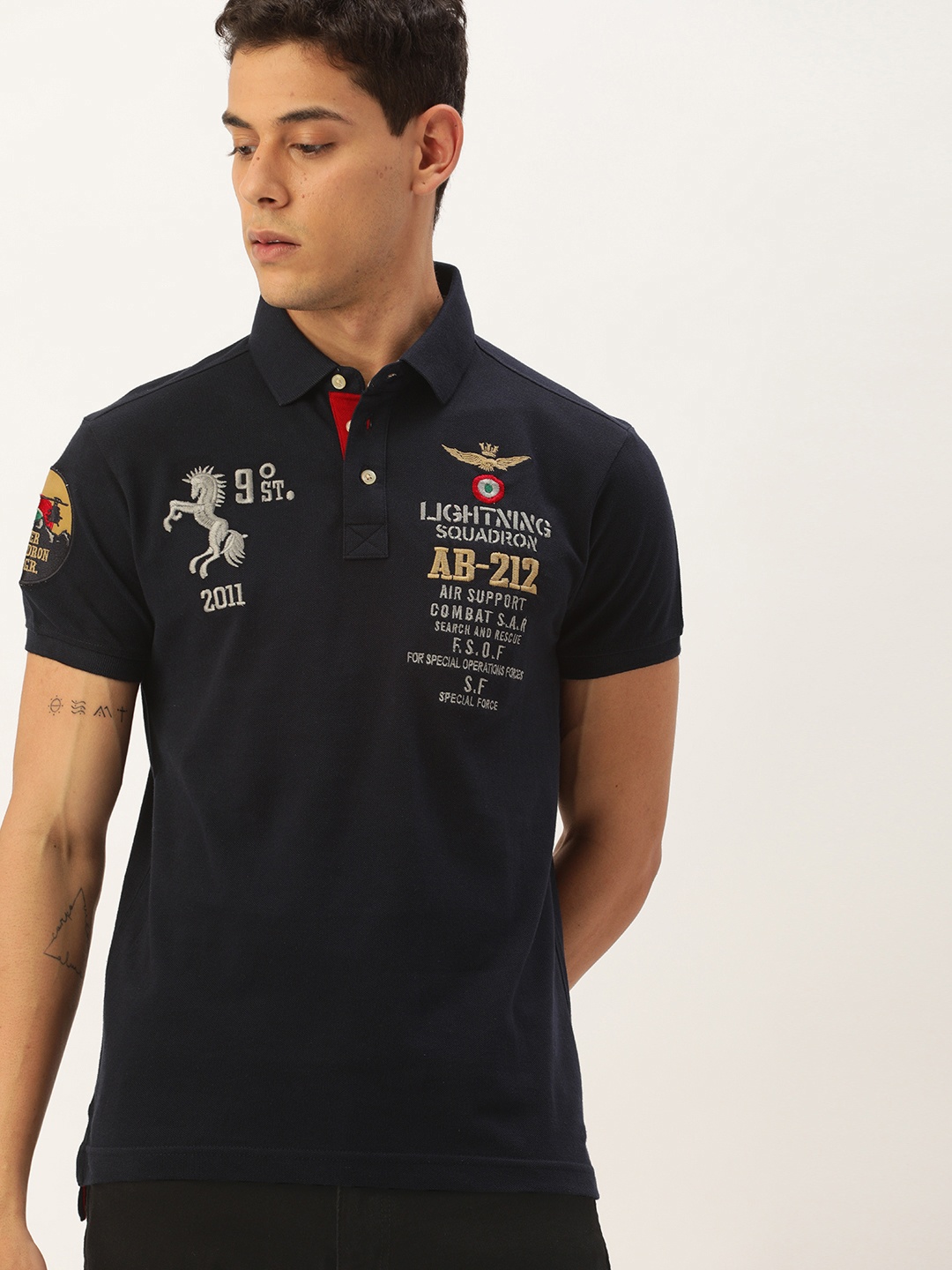 

Burnt Umber Men Navy Blue Navy Blue Typography Embroidered Polo Collar Pure Cotton T-shirt