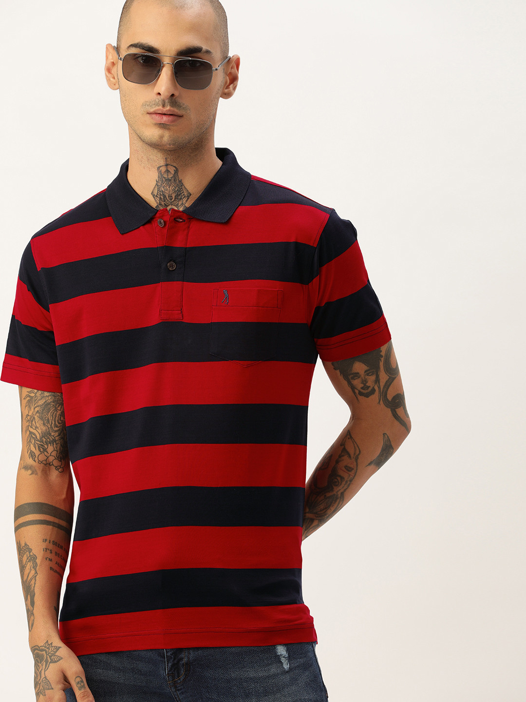 

Burnt Umber Men Navy Blue Red Striped Polo Collar Pure Cotton T-shirt