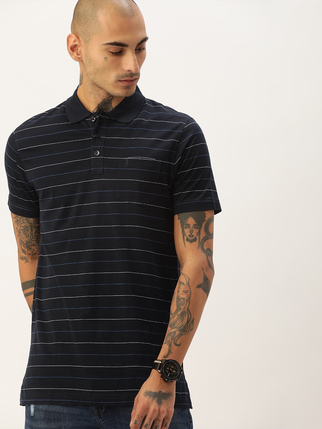 

Burnt Umber Men Navy Blue White Striped Polo Collar Pure Cotton T-shirt