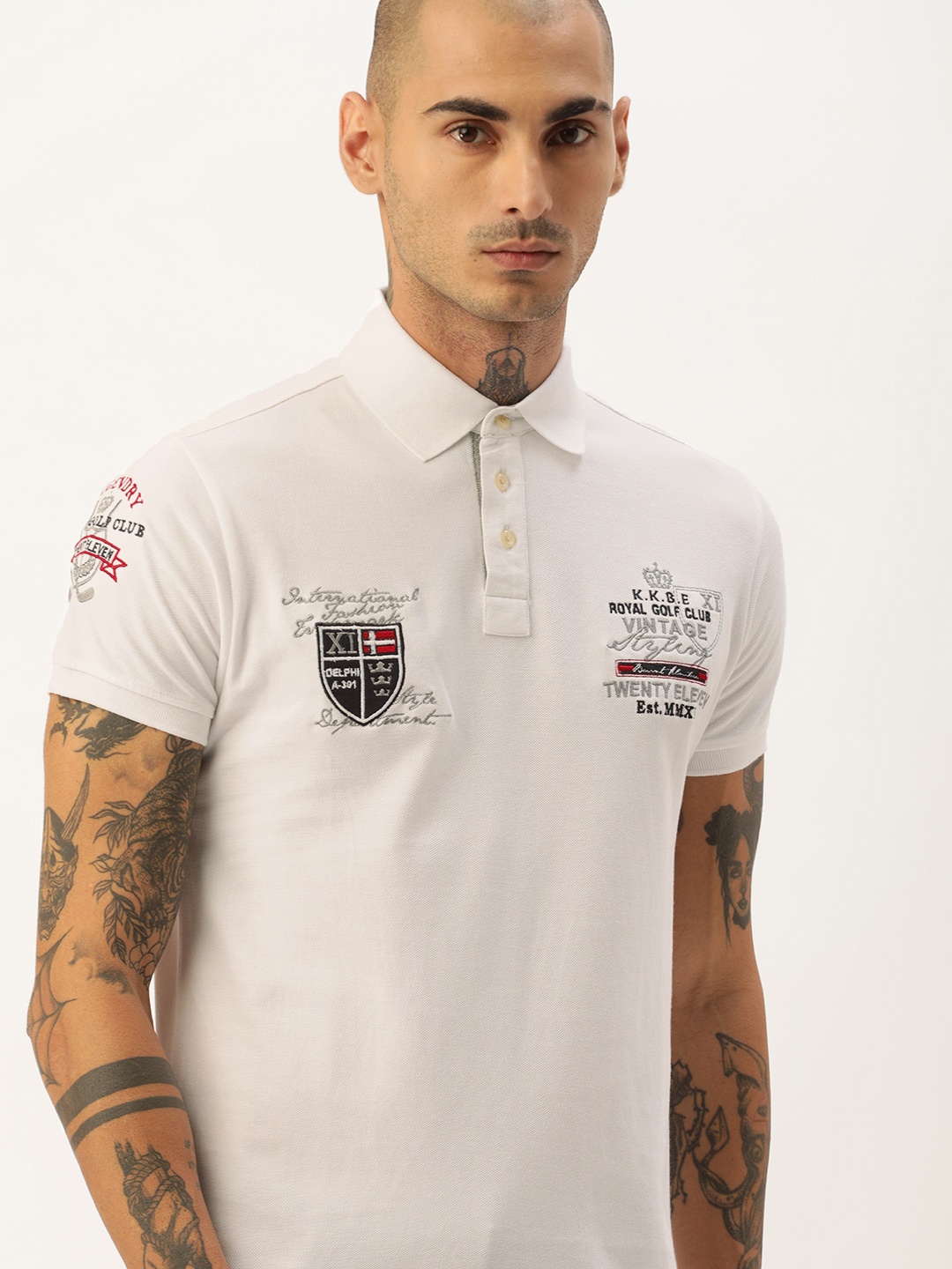 

Burnt Umber Men White Polo Collar Pure Cotton T-shirt with Embroidered Shield Logo