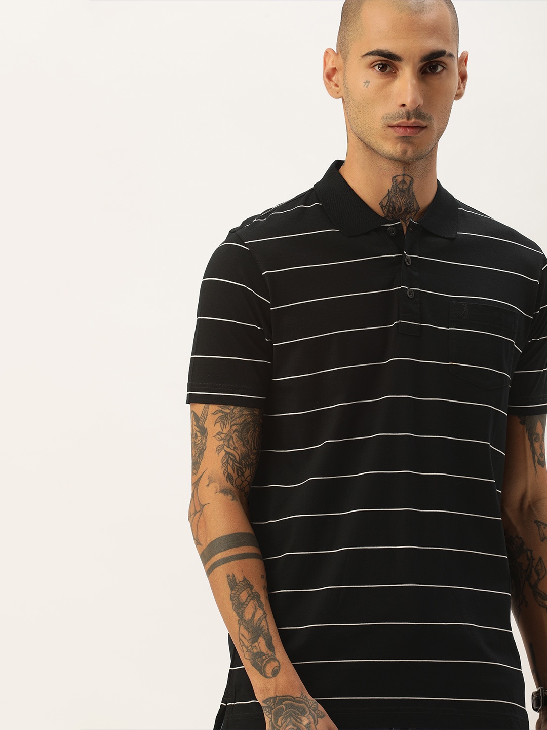 

Burnt Umber Men Black White Striped Polo Collar Pure Cotton T-shirt