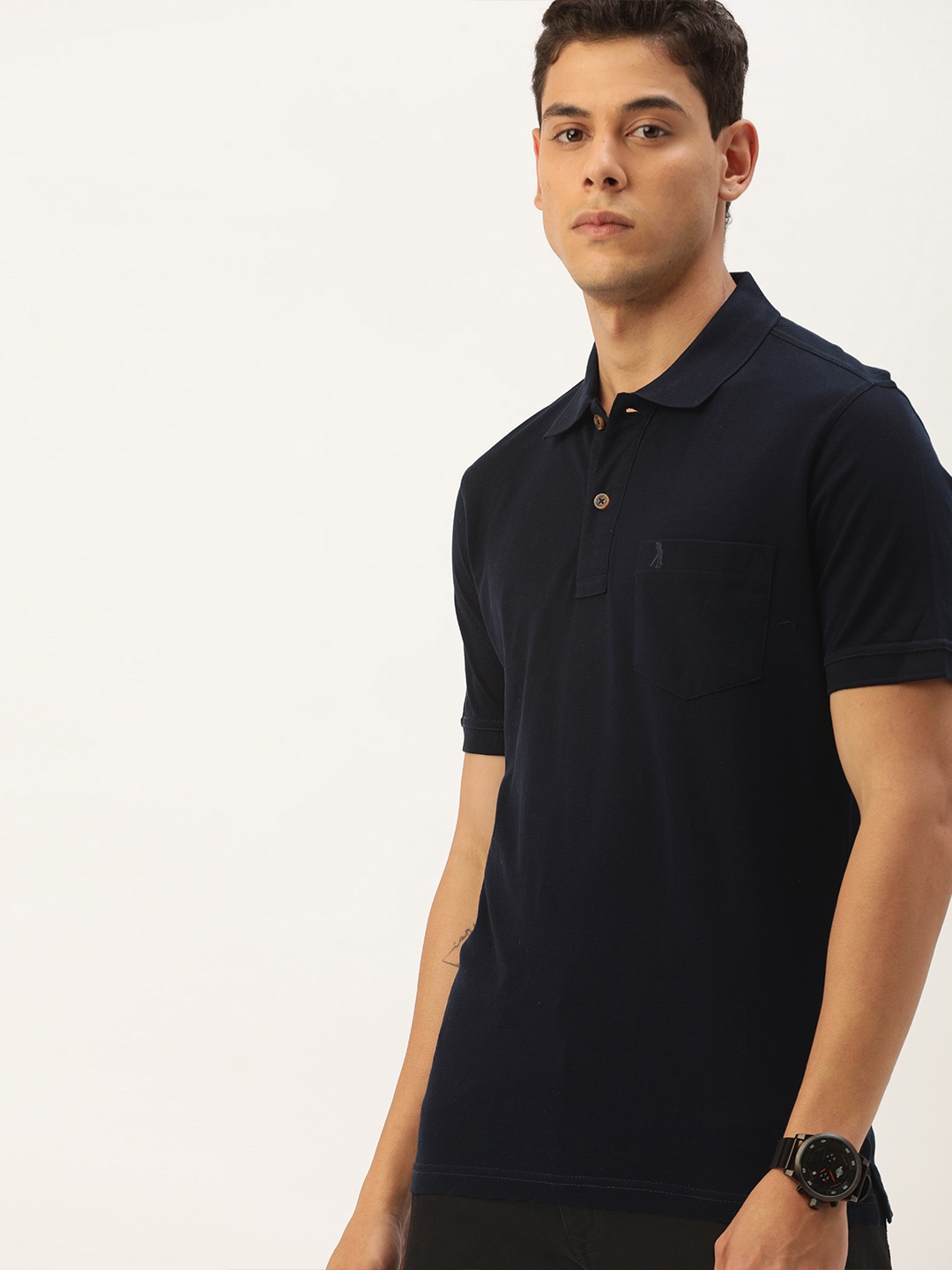 

Burnt Umber Men Navy Blue Solid Polo Collar Pure Cotton T-shirt
