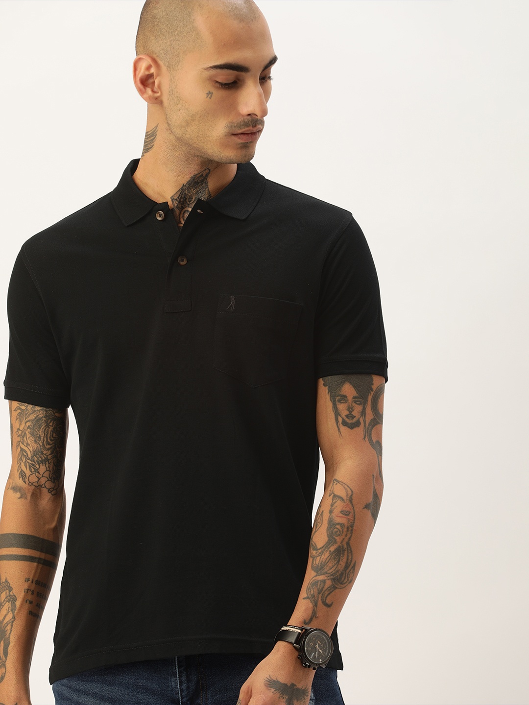 

Burnt Umber Men Black Polo Collar Pure Cotton T-shirt