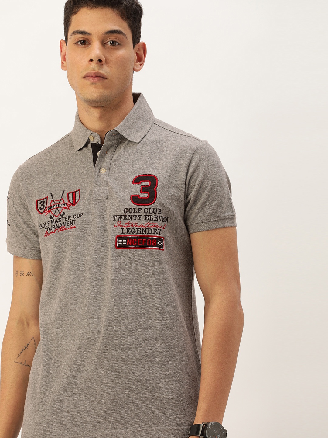 

Burnt Umber Men Grey & Red Typography Printed Polo Collar T-shirt