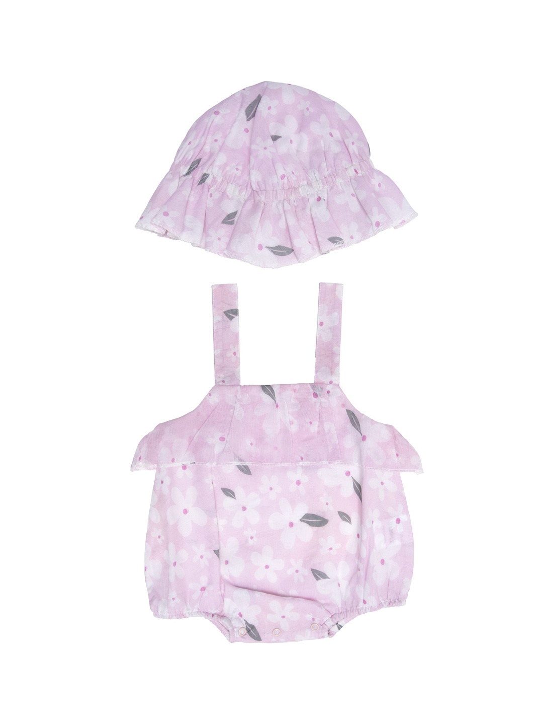 

Nino Bambino Girls Pink & White Printed Sustainable Jumpsuit with Cap