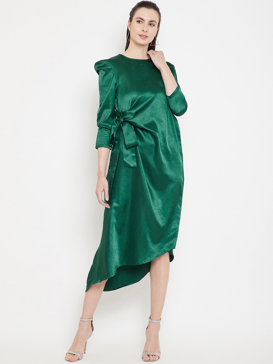 

THE SILHOUETTE STORE Green Bow Detailed Satin A-Line Midi Dress