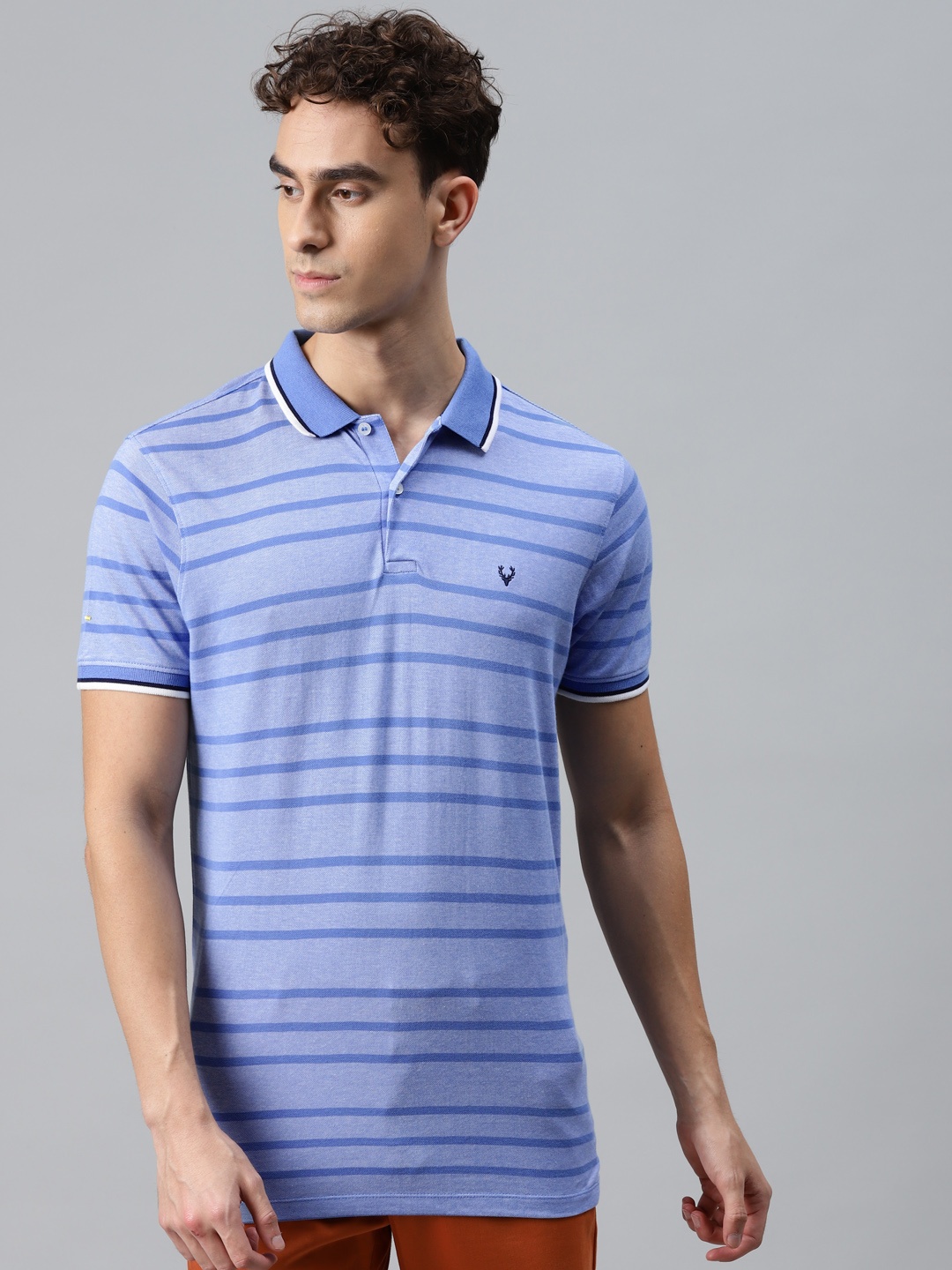 

Allen Solly Men Blue Striped Pure Cotton Polo Collar T-shirt