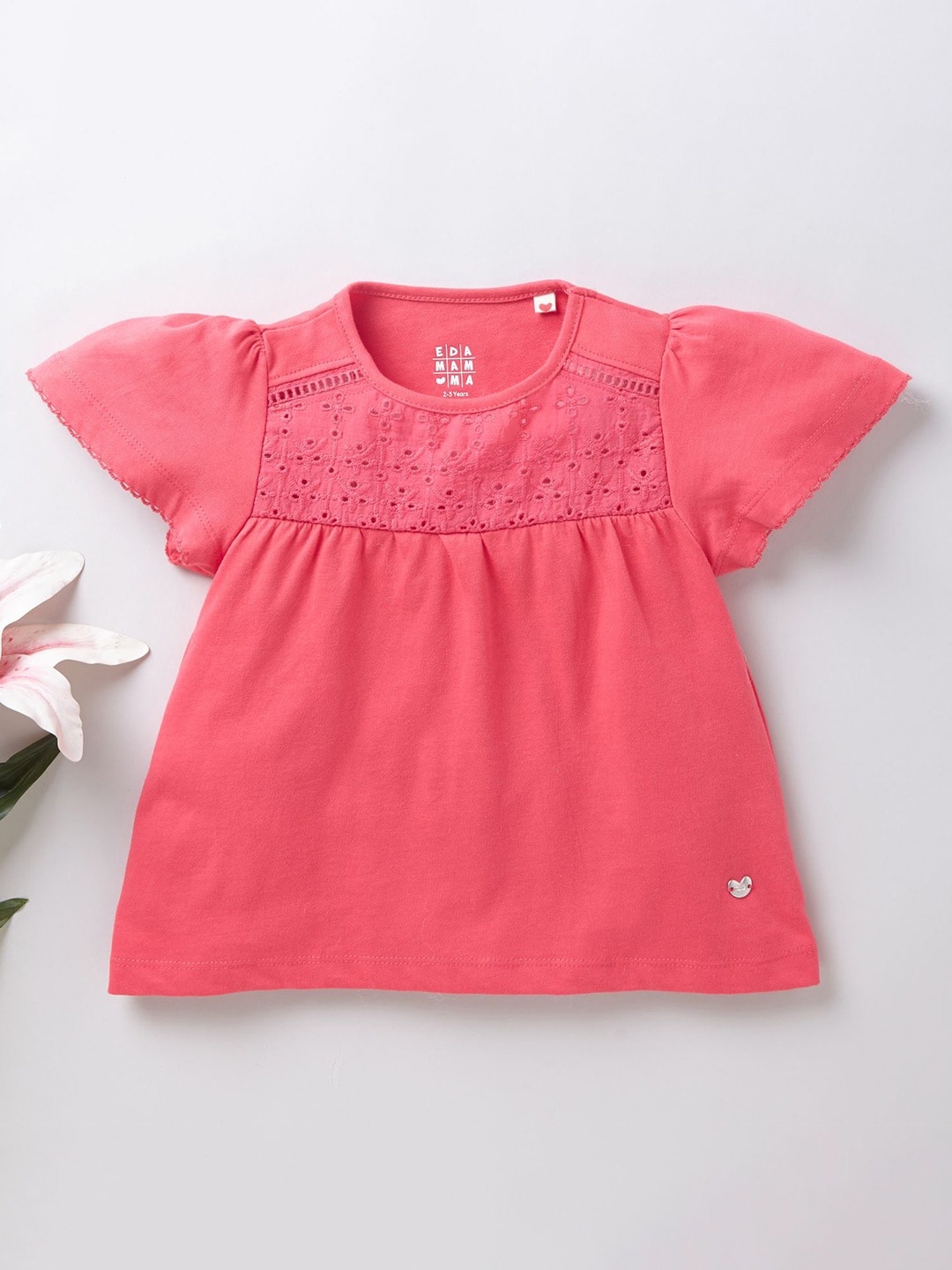 

Ed-a-Mamma Girls Red Solid Schiffli Sustainable T-shirt